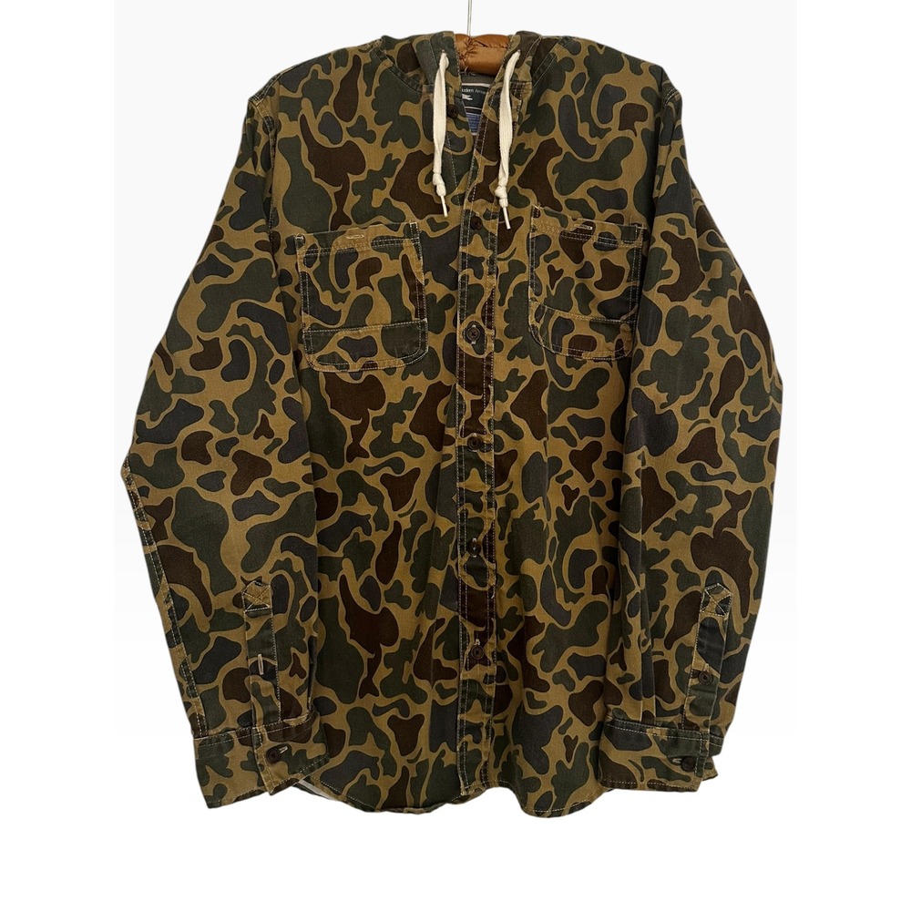 Modern Amusement Mens Camo Hooded Button Down Shirt Duck Hunter Camouflage M